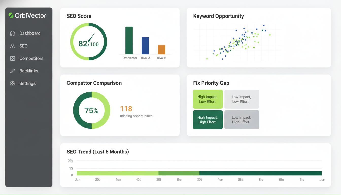 OrbiVector Dashboard showing SEO Score, Competitor Gap, Keyword Opportunity, Backlink Gap, Local Visibility and Fix Priority analytics