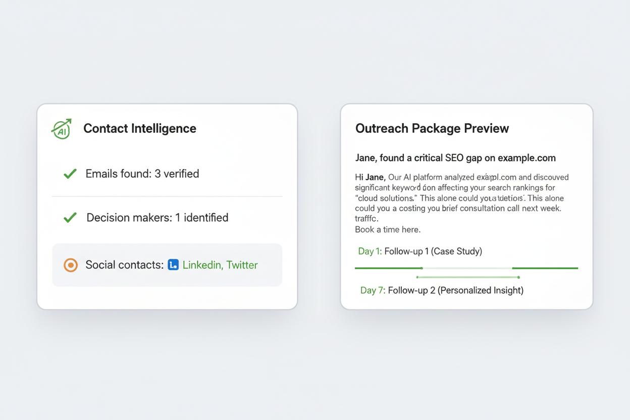 Outreach package preview showing contact intelligence cards and email draft with follow-up plan